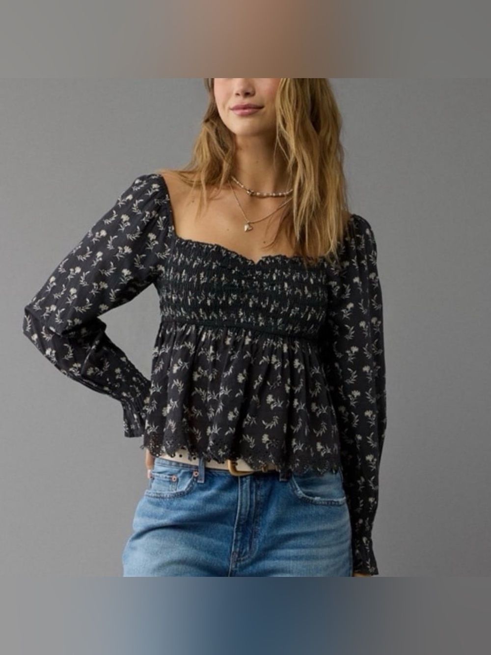 American Eagle Floral Bohemian Smocked Navy Blue Long-Sleeve Top, Size Large